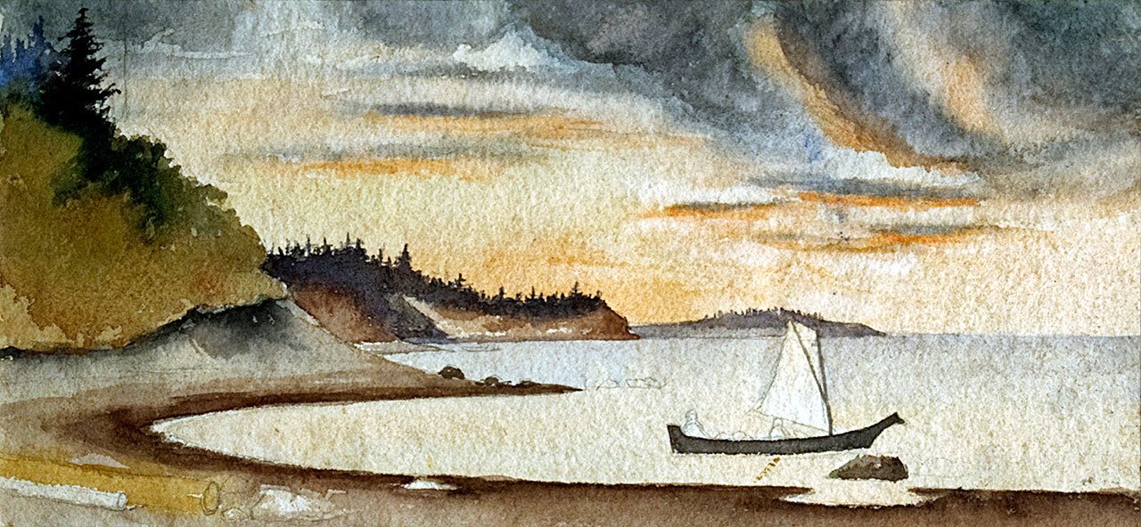This painting of a Native canoe was created by Adeline Willoughby McCormack in the late 1890s. (Jefferson County Historical Society)