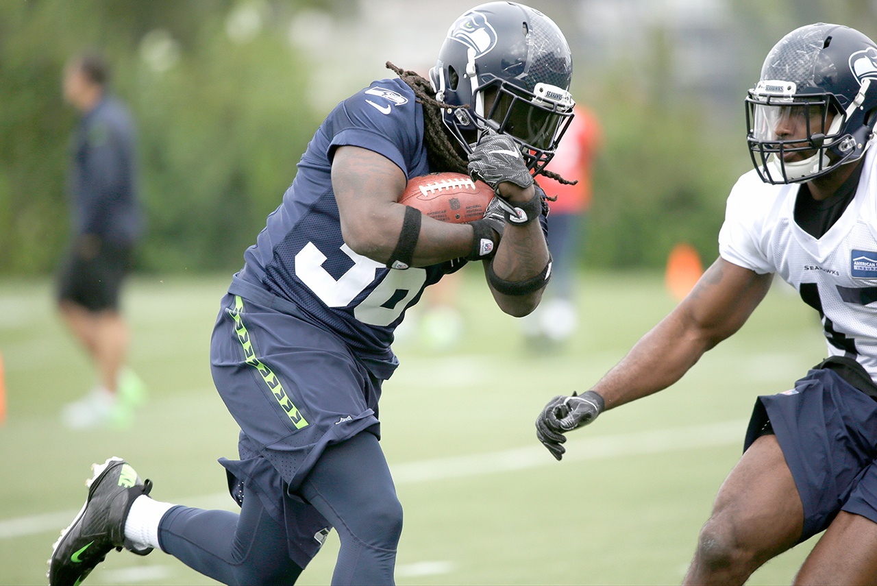 Seattle Seahawks&rsquo; Alex Collins in action during the team&rsquo;s NFL football training camp Saturday, July 30, 2016, in Renton, Wash. (AP Photo/Elaine Thompson)