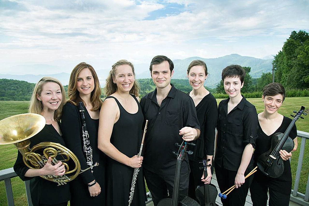 Music in the American Wild musicians pictured are, from left, Lauren Becker, horn; Ellen Breakfield-Glick, clarinet; Emlyn Johnson, flute/director; Daniel Ketter, cello/assistant director; Hanna Hurwitz, violin; Colleen Bernstein, percussion; and Emily Cantrell, viola. (Geoff Shell)