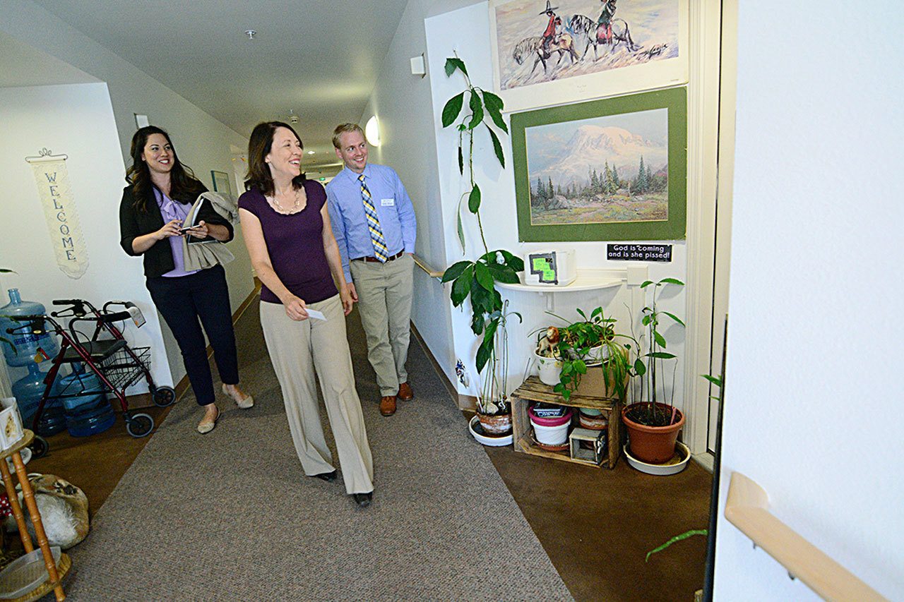 Jesse Major/Peninsula Daily News                                U.S. Sen. Maria Cantwell, D-Mountlake Terrace, tours Discovery View Retirement Apartments in Port Townsend on Thursday after talking with North Olympic Peninsula affordable housing developers and officials about finding solutions to the affordable housing shortage.