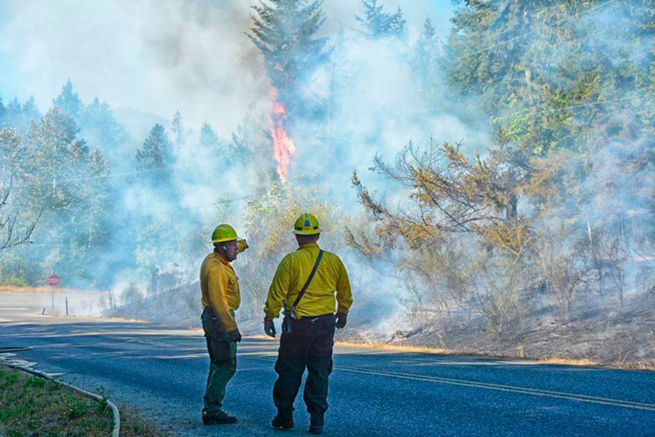 Firefighters with Clallam County Fire District No. 2 respond to a brush fire on Power Plant Road west of Port Angeles on Tuesday. (Jay Cline/Clallam County Fire District No. 2)
