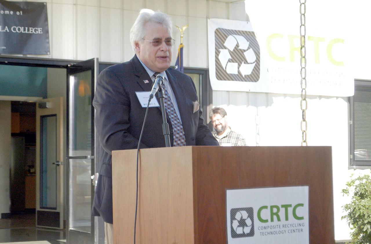 Bob Larsen, CEO of the Composite Recycling Technology Center, speaks during the ribbon-cutting ceremony for the facility Thursday morning. (Chris McDaniel/Peninsula Daily News)