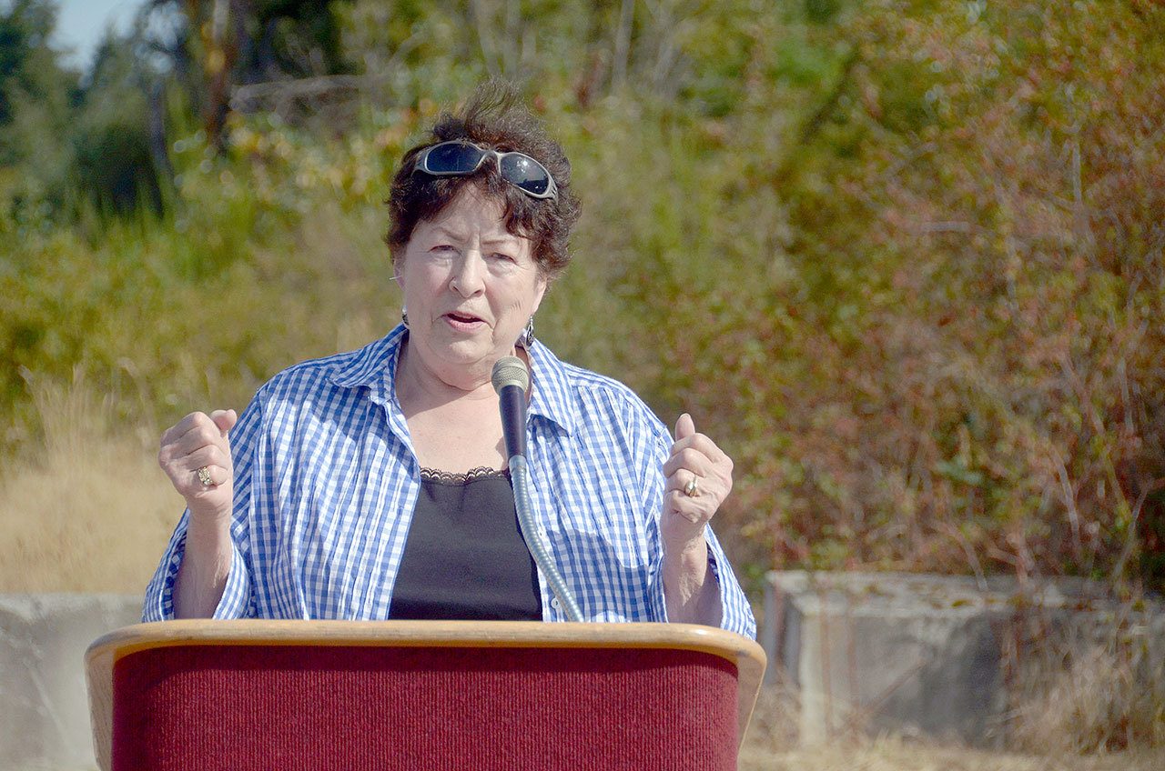 Maralyn Chase, a state senator and Community Economic Revitalization Board member, speaks at Friday’s groundbreaking. CERB is one of many state boards that have helped fund the highly anticipated Howard Street Extension project. (Cydney McFarland/Peninsula Daily News)