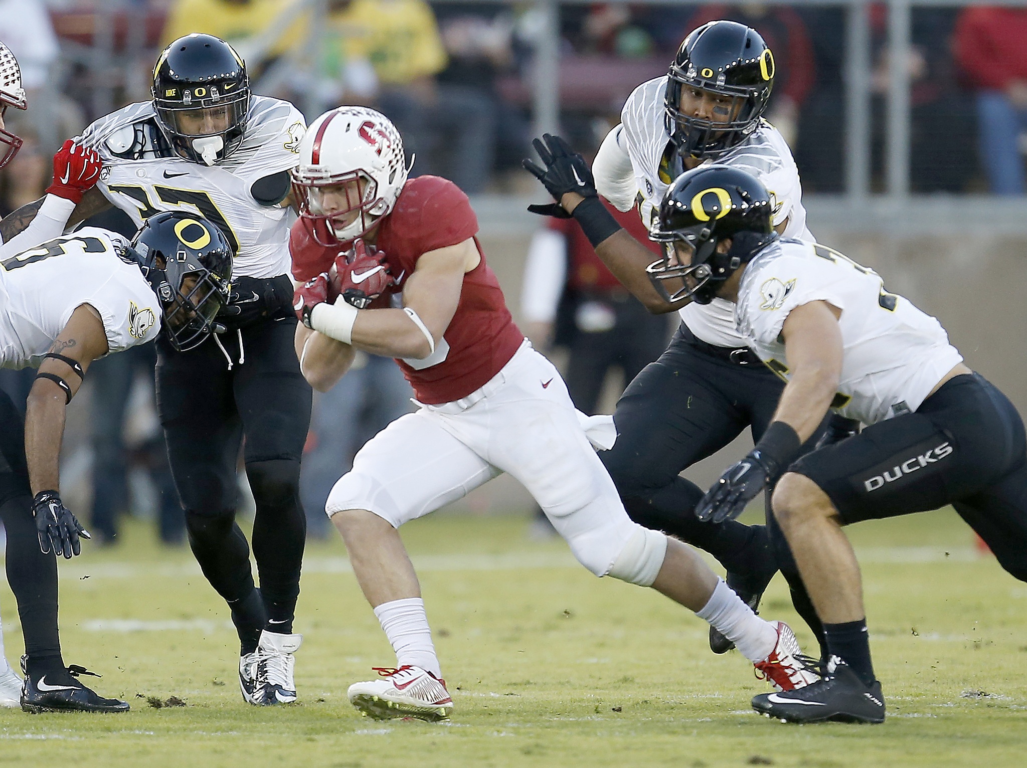 The Associated Press                                 Stanford running back Christian McCaffrey, center, was the Heisman Trophy runner-up in 2015. He returns to lead the Cardinal.