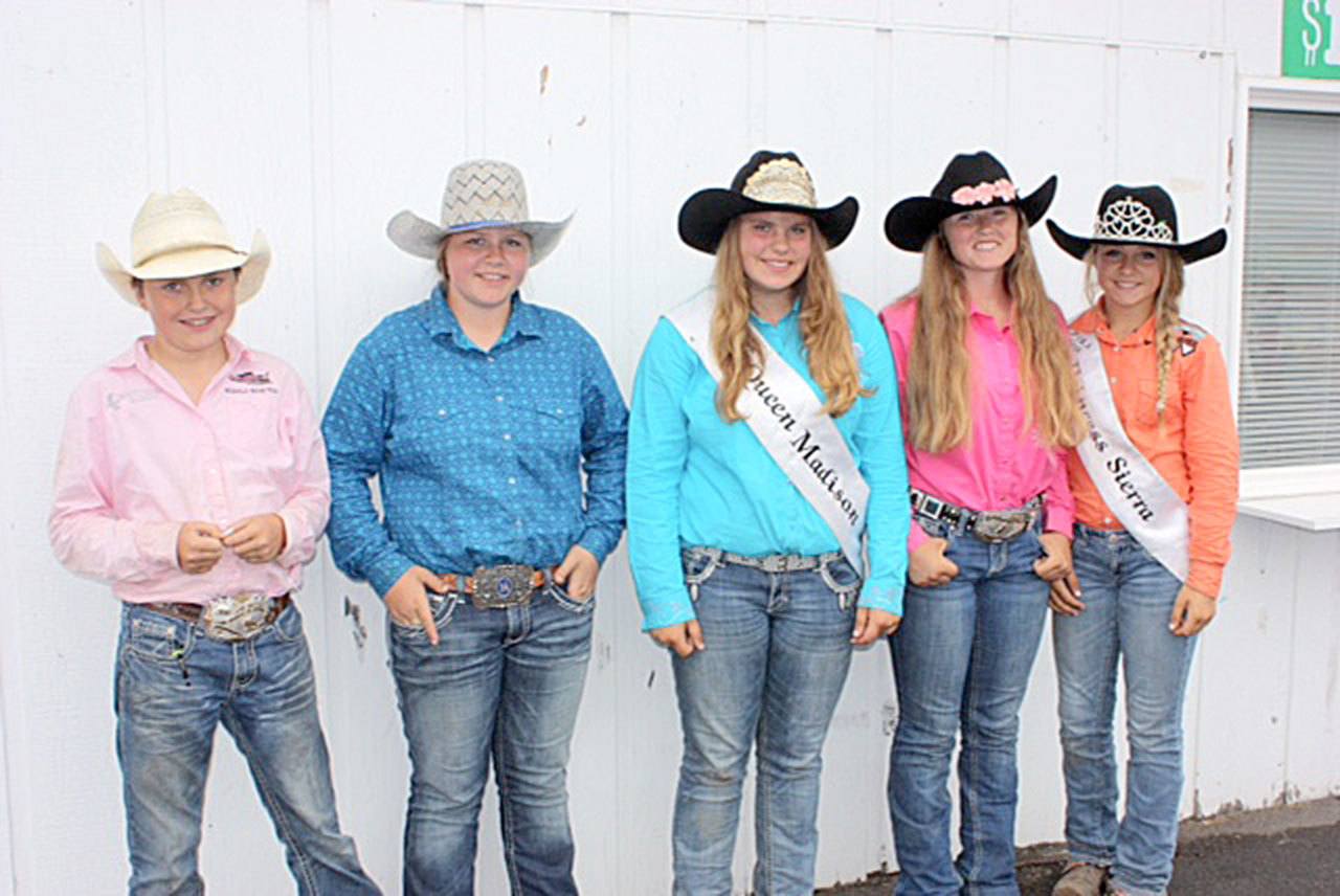 From left, Peninsula Junior Rodeo Association’s Rhett Wilson, Amelia Hermann, PJRA Queen Madison Ballou, Cassie Ann Moore and Princess Sierra Ballou were all winners at their hometown rodeo, held the third weekend in August at the Clallam County Fairgrounds in Port Angeles. (Kay Hermann)