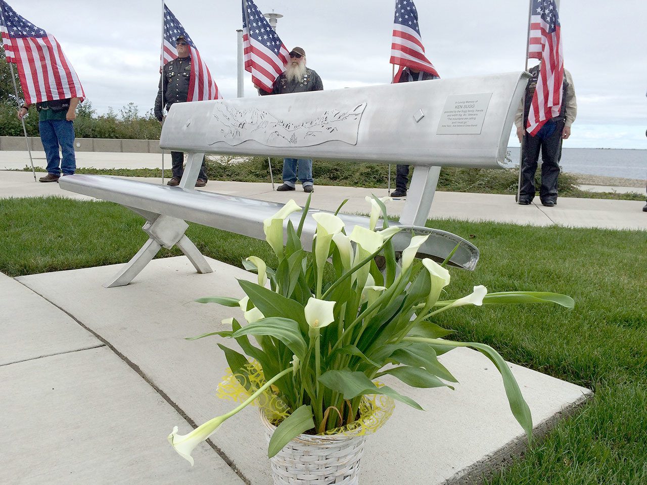 Friends and family of Army veteran Ken Sugg dedicated a bench in his name Saturday in Port Angeles waterfront park. (Mark Swanson/Peninsula Daily News)