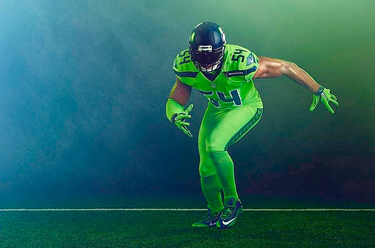 Seattle Seahawks Linebacker Bobby Wagner depicted in the Seahawks’ “Action Green” uniforms the team will wear for their Dec. 15 home game against the Los Angeles Rams. The threads are part of the NFL’s “Color Rush” series for home teams on its featured, Thursday-night games.