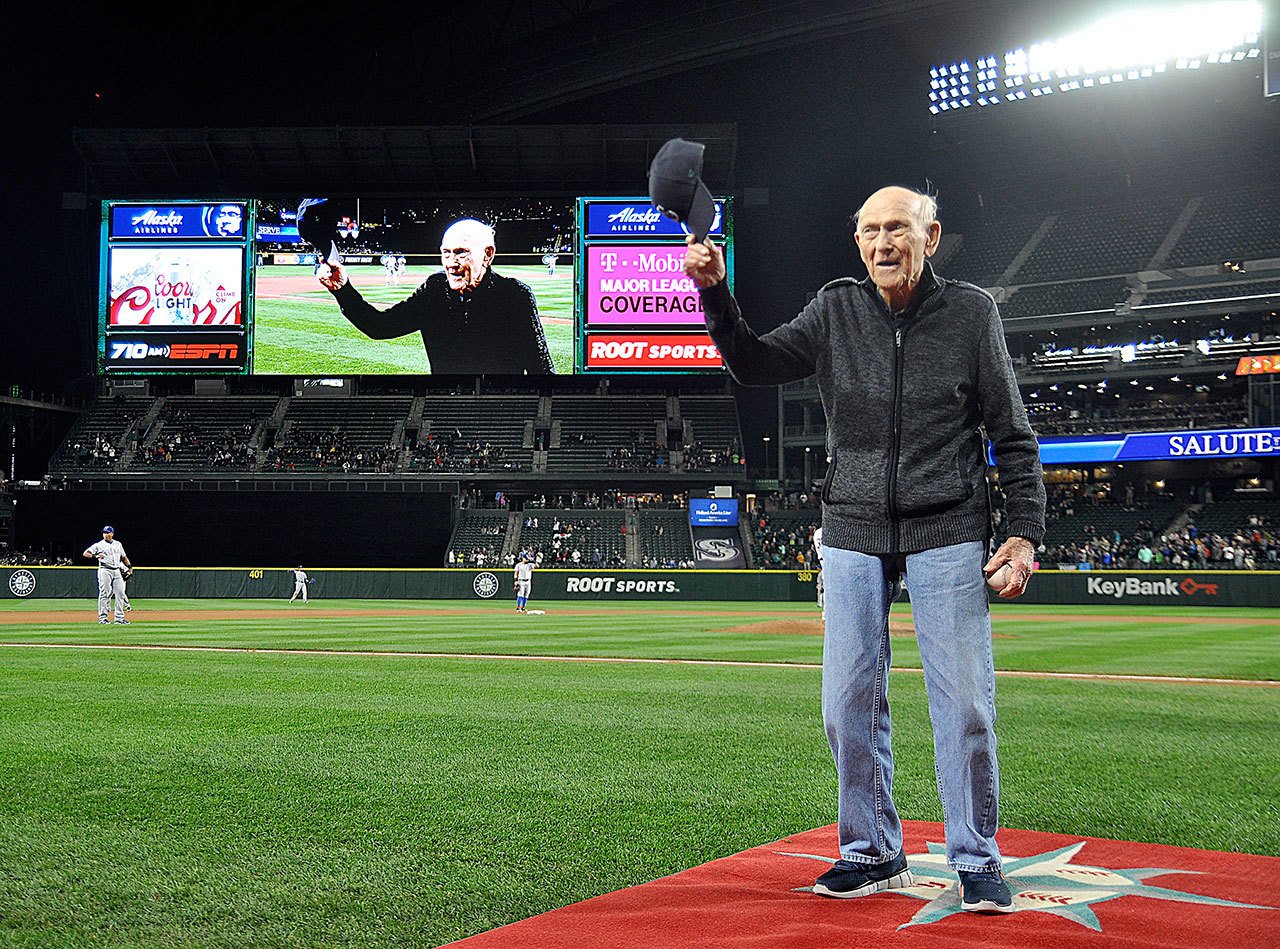 Sequim resident Vern Frykholm Sr. gets a 100th birthday party at Seattle’s Safeco Field courtesy of the Seattle Mariners earlier this month. (Michael Dashiell/Olympic Peninsula News Group)