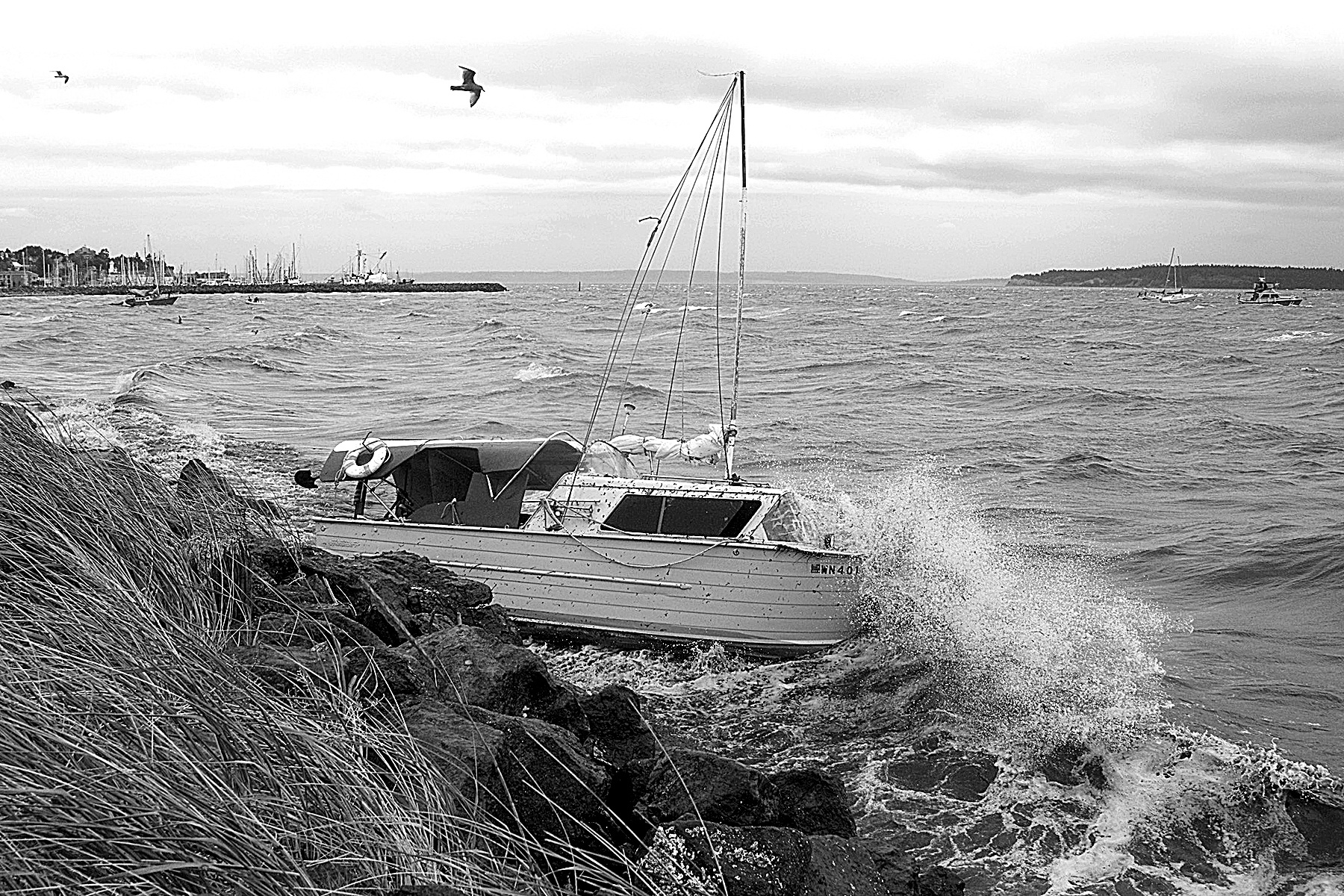 Steve Mullensky/for Peninsula Daily News                                 The first storm of autumn blew strong enough to cause a cabin cruiser, anchored in the south end of Port Townsend Bay, to slip its anchorage and dash against the rocks along the Larry Scott Trail in Port Townsend on Friday. In the background, a boat from TowBoatUS, right, helps tow another boat that was in danger of being grounded on the beach.