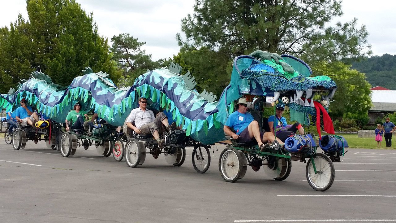 The 56-foot “Dragon Ass” kinetic sculpture will be one of many racing in this weekend’s Kinetic Skulpture Race in Port Townsend. (Tina Kerrigan)