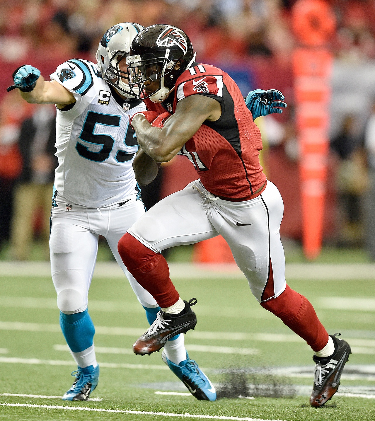 The Associated Press Atlanta’s Julio Jones (11) Jones had 12 catches for a team-record 300 yards in the Falcons’ 48-33 win against Carolina.