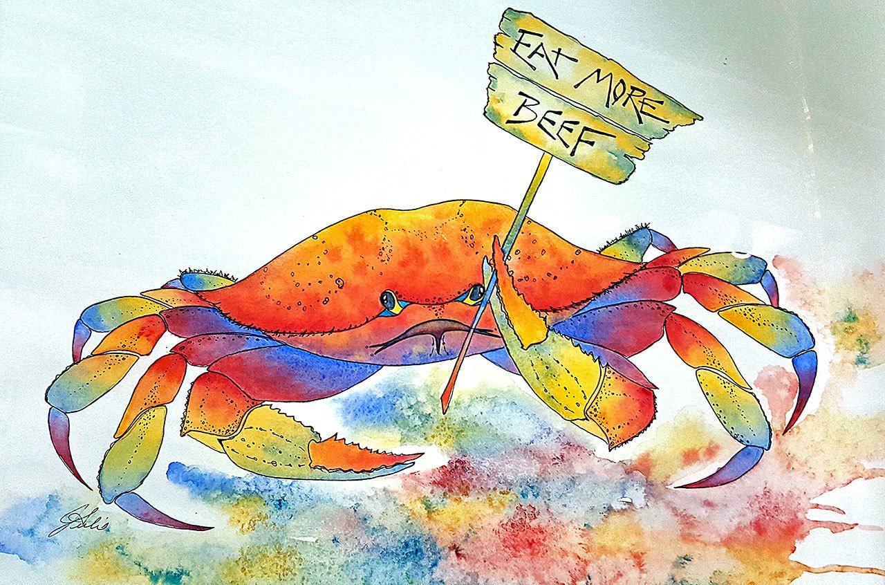 This untitled painting, sporting a CrabFest theme, will be on display at Heatherton Gallery, located inside The Landing mall at 115 E. Railroad Ave., from 10:30 a.m. to 6 p.m. Saturday during a fundraiser to benefit the Peninsula Friends of Animals. — Heatherton Gallery.