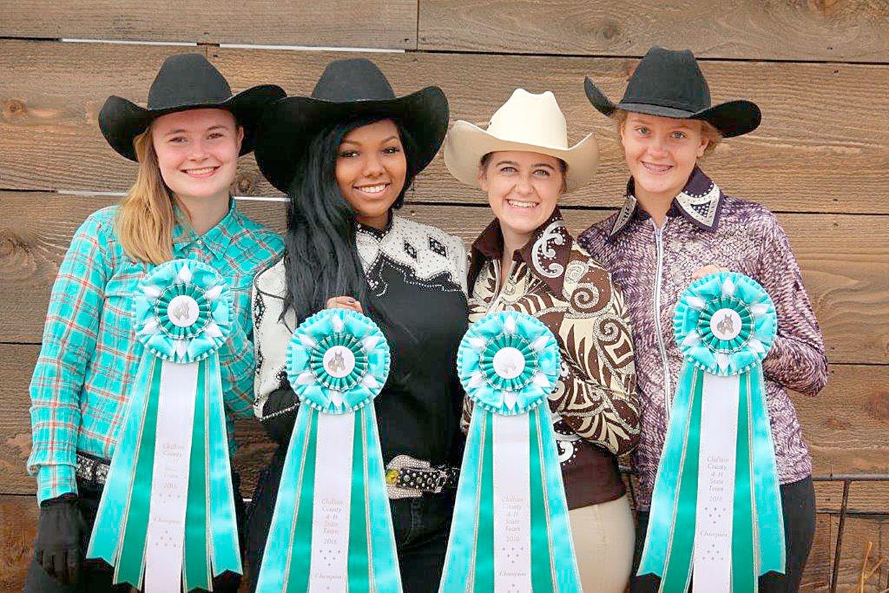 Photo by Nancy Hodgin                                Representing Clallam County’s 4-H Senior Games at the Washington State Fair in Puyallup last month were Sophie Marchant, left, Ebony Billings, Cassidy Hodgin and Abby Hjelmeseth.