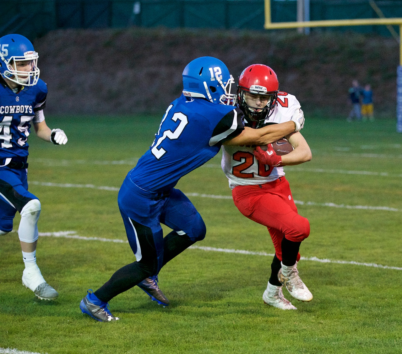 Steve Mullensky/for Peninsula Daily News                                Port Townsend&rsquo;s Kyle Blankenship, right, fights off Chimacum&rsquo;s Logan Storm during the Redhawks&rsquo; victory earlier this month. Port Townsend hosts Klahowya tonight in a crucial Olympic-Nisqually League game.