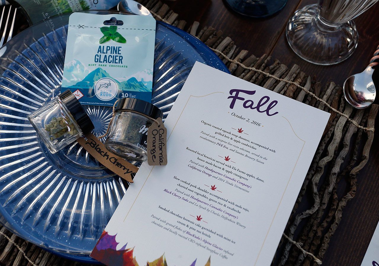 The Associated Press                                A menu shows the dishes paired with certain strains of pot during an evening of pairings of fine food and craft marijuana strains served to invited guests dining Oct. 2 at Planet Bluegrass, an outdoor venue in Lyons, Colo.