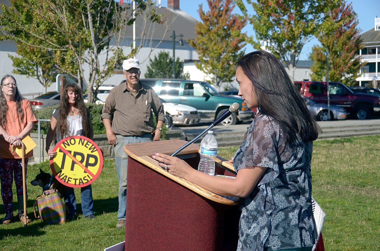 Carmen Bitzer with Stand with Standing Rock Jefferson speaks at a rally in September against the Dakota Access Pipeline. (Cydney McFarland/Peninsula Daily News)