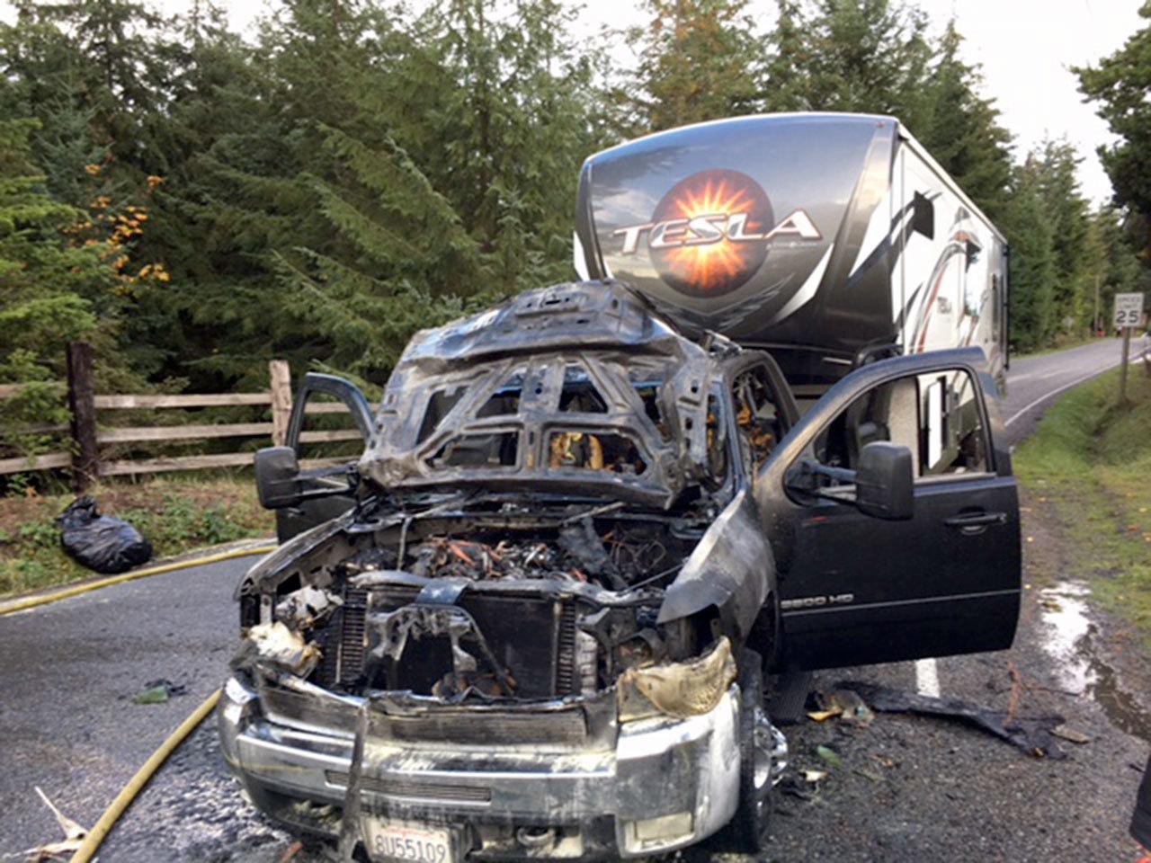 An engine fire destroyed this pickup truck in Port Angeles.