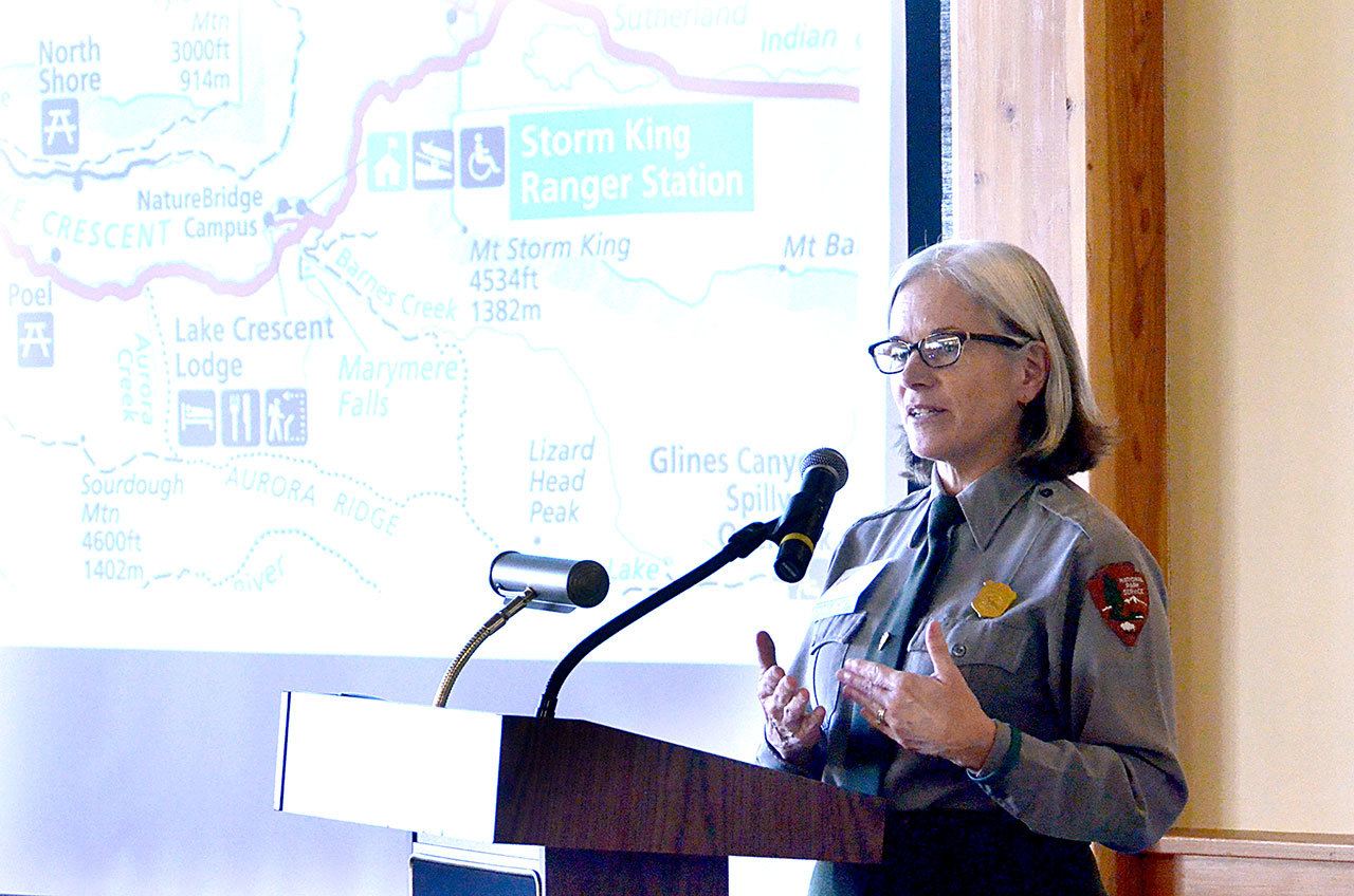 Barb Maynes, a public information officer for Olympic National Park, talks about road construction in the park that could affect local tourism. (Cydney McFarland/Peninsula Daily News)