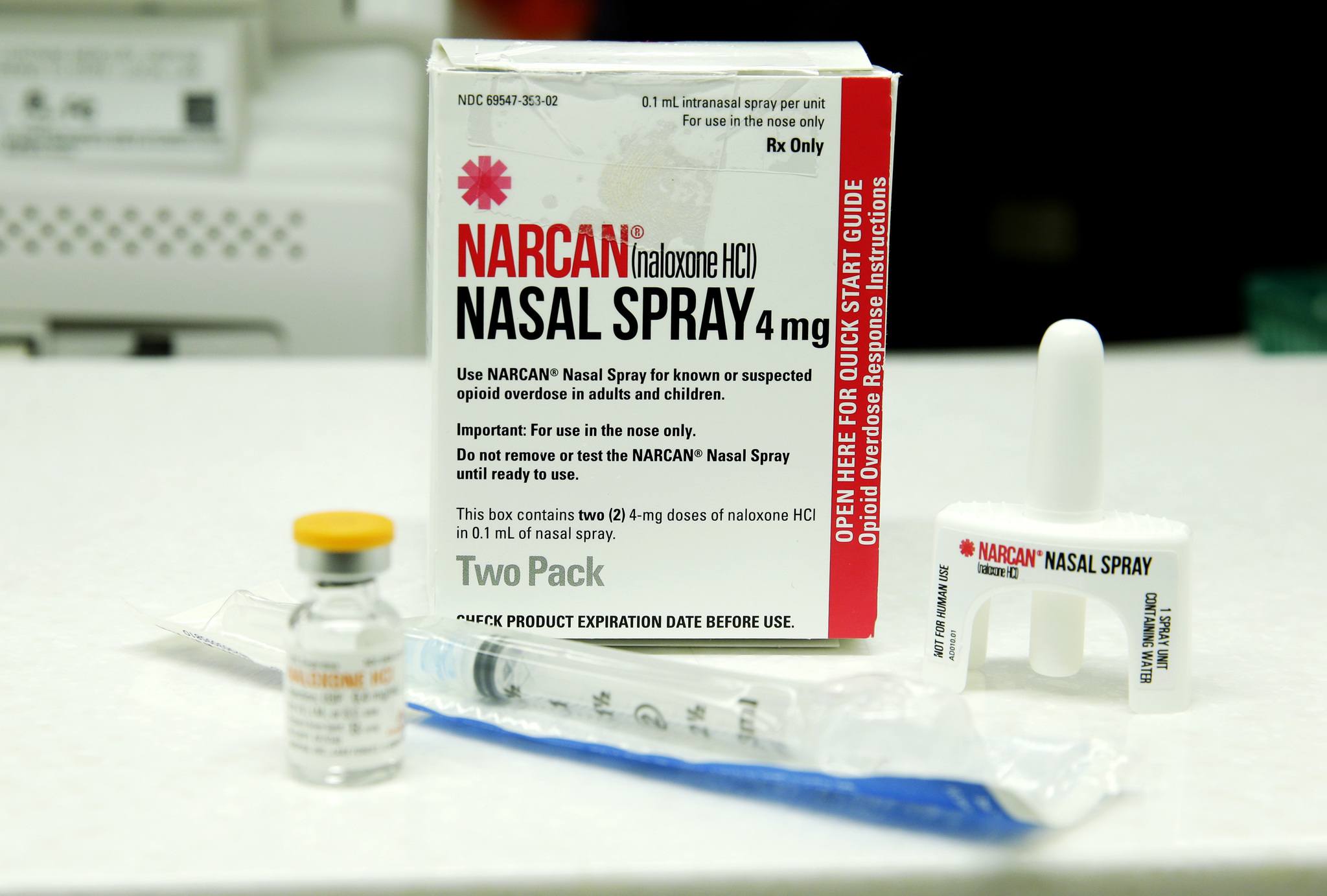 Injectable and nasal forms of Naloxone, which can be used to block the potentially fatal effects of an opioid overdose, are shown Friday at an outpatient pharmacy at the University of Washington. (Ted S. Warren/The Associated Press)