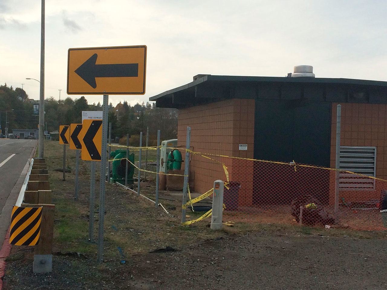 Traffic will be disrupted this week after demolition begins on a five-decade-old pump station on Front Street east of where it changes into Marine Drive. (Paul Gottlieb/Peninsula Daily News)