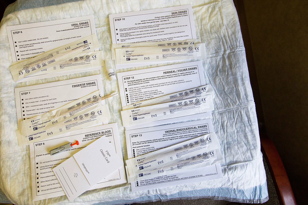 A standard testing kit used in rape cases is laid out on a table at Yakima Valley Memorial Hospital in Yakima earlier this month. Hospital nurses are often the first point of contact for victims of rape and sexual assault and are responsible for collecting the initial physical evidence. (Shawn Gust/Yakima Herald-Republic via AP)