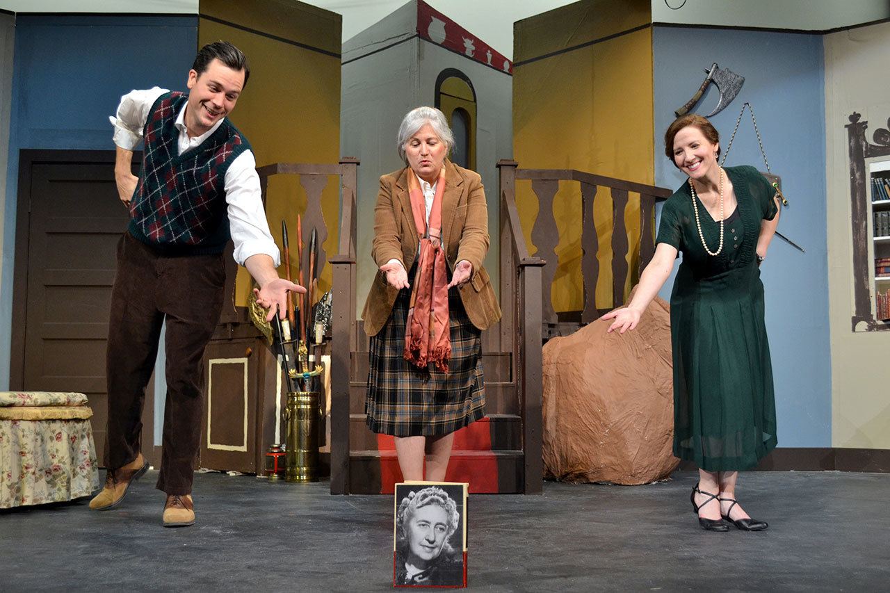 Actors Randy Powell, Valerie Lape and Ginger Moore pay tribute to author Agatha Christie in “Something’s Afoot,” a parody of her work. (Matthew Nash/Olympic Peninsula News Group)