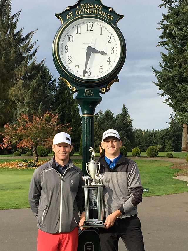 Bill Shea/Cedars at Dungeness                                Broadmoor Golf Club’s professional Tim Feenstra, left, and Walla Walla Country Club pro Brady Sharp teamed to shoot rounds of 60 and 62 to win the 47th annual Pro-Pro Tournament held recently at Cedars at Dungeness in Sequim.
