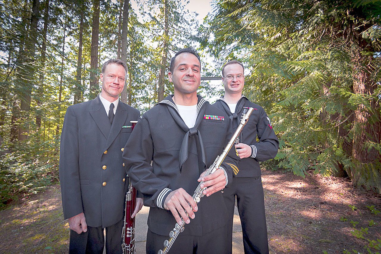 The Woodwind trio, Trident Winds, seen here — a detachment of Navy Band Northwest — and a tuba soloist will perform at 3 p.m. Sunday at the Port Angeles High School Performing Arts Center, 1203 E. Lauridsen Blvd. — U.S. Navy.