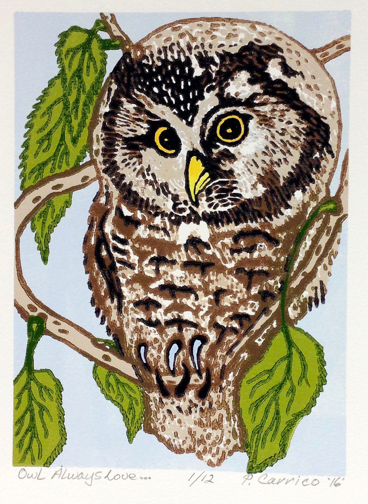 ”Owls Always Love …” by Philip Carrico is part of an exhibit at the Port Townsend Gallery.