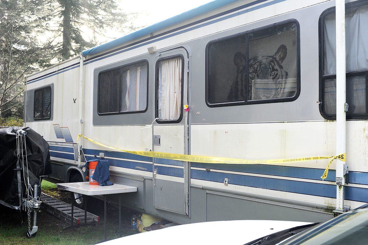 This trailer was the site of a shooting involving law enforcement at Lake Pleasant Mobile Home and RV Park last Friday. (Lonnie Archibald/for Peninsula Daily News)