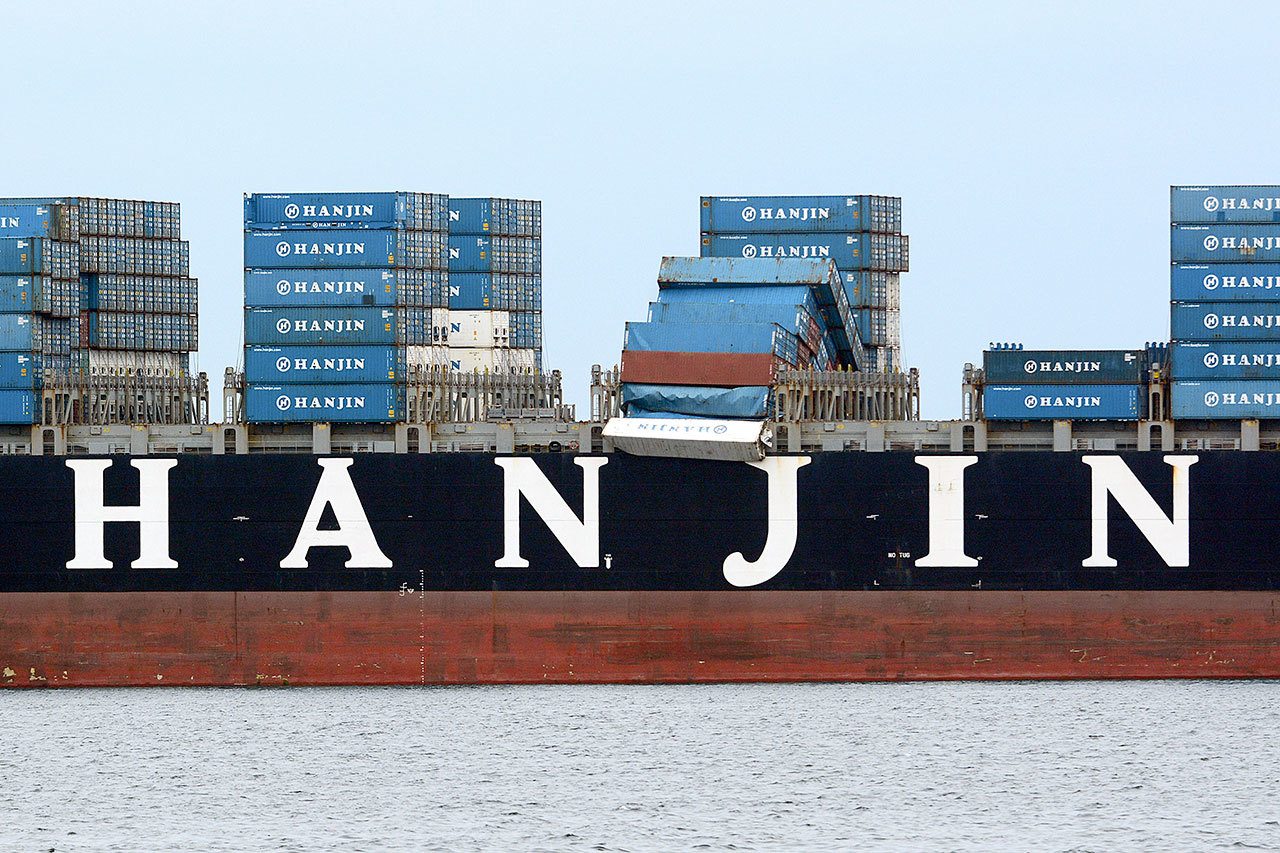 Several stacks of containers on the Hanjin Seattle fell over before the ship was in Port Angeles Harbor. The container ship left the Port of Long Beach on Oct. 28 and arrived in Port Angeles on Monday, according to marinetraffic.com. (Jesse Major/Peninsula Daily News)