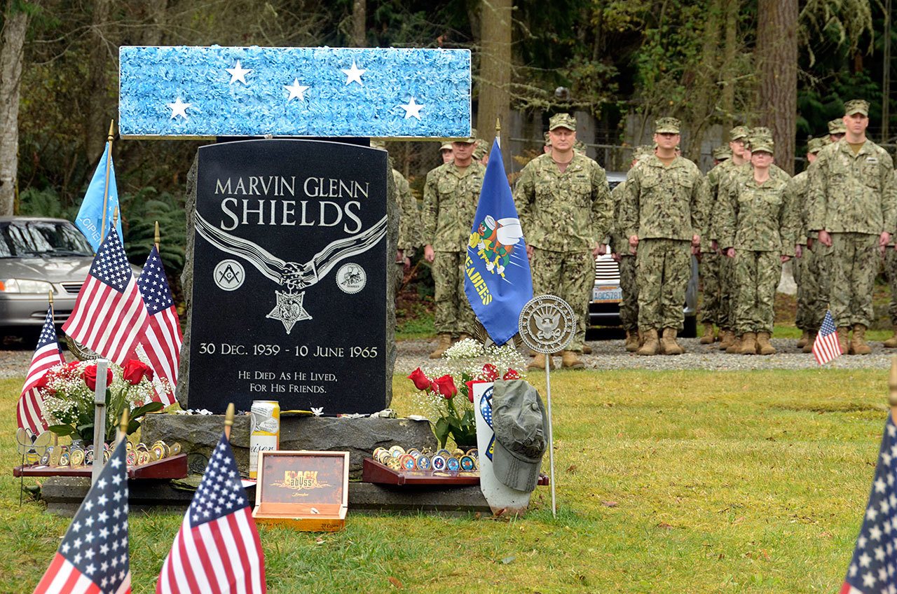 Marvin G. Shields of Port Townsend was honored Friday during an annual Veterans Day ceremony at the Gardiner Cemetery. (Cydney McFarland/Peninsula Daily News)