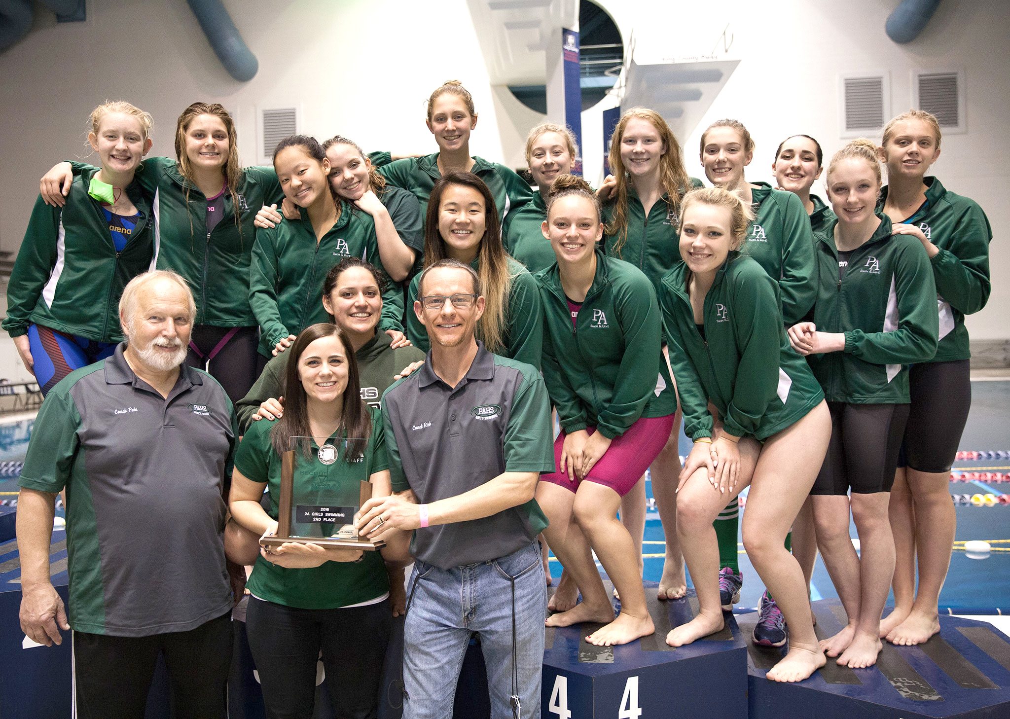 Port Angeles High School photo                                The Port Angeles Swim Team celebrates its second-place finish at the State 2A Swim and Dive Championships at the King County Aquatic Center in Federal Way.