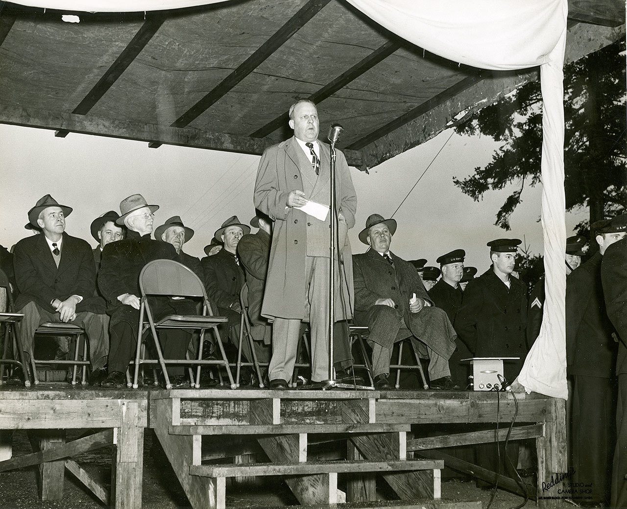 William A. Bugge speaks at dedication of the Portage Canal Bridge to Indian Island on Jan. 11, 1952. (Jefferson County Historical Society)