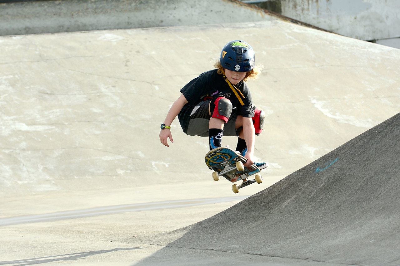 Max Stanford, 9, skateboards at the Sequim skate park on Sunday. (Jesse Major/Peninsula Daily News)