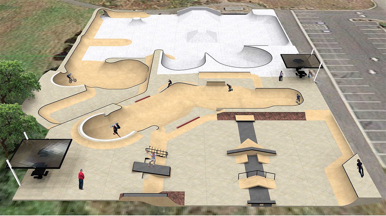 A conceptual drawing shows the current white section of the skate park and the parts that would be added. (Grindline Concrete Skatepark Design and Construction)