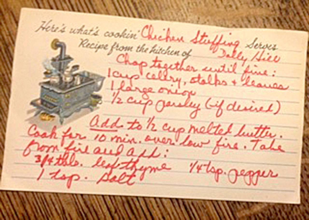 The original recipe card Betsy Wharton&rsquo;s mother, Dolly, used for chicken stuffing every Thanksgiving. (Betsy Wharton/for Peninsula Daily News).
