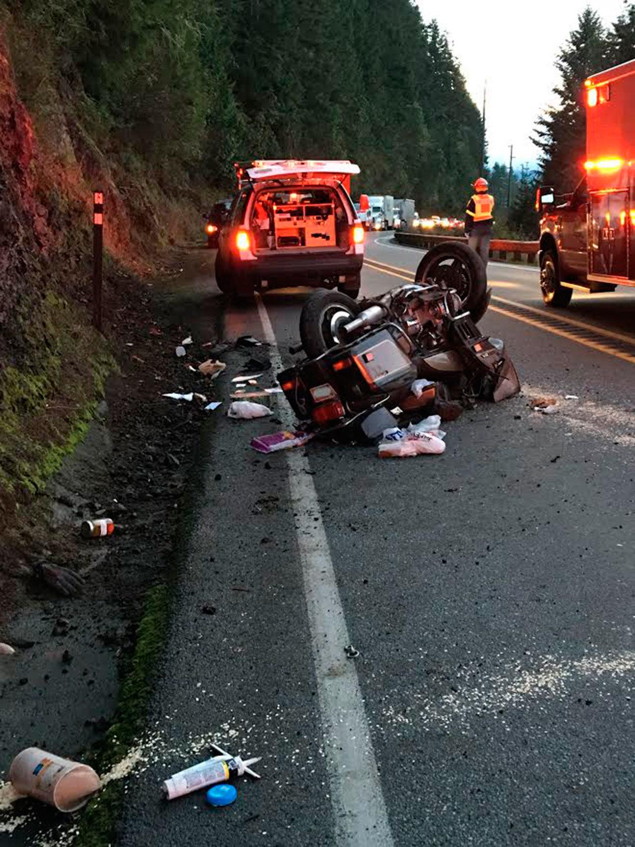 An unidentified 60-year old Las Vegas man was flown to Harborview Medical Center in Seattle in serious condition after this motorcycle wreck on state Highway 20. (East Jefferson Fire-Rescue)