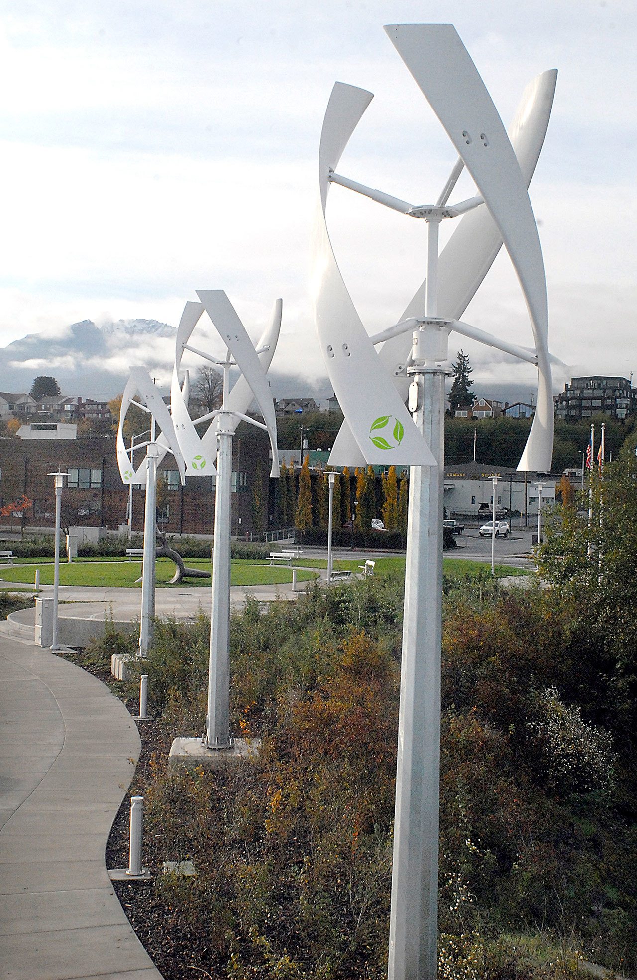 A series of wind turbines sit idle along the Valley Creek Estuary bordering the West End Park on the Port Angeles waterfront. (Keith Thorpe/Peninsula Daily News)