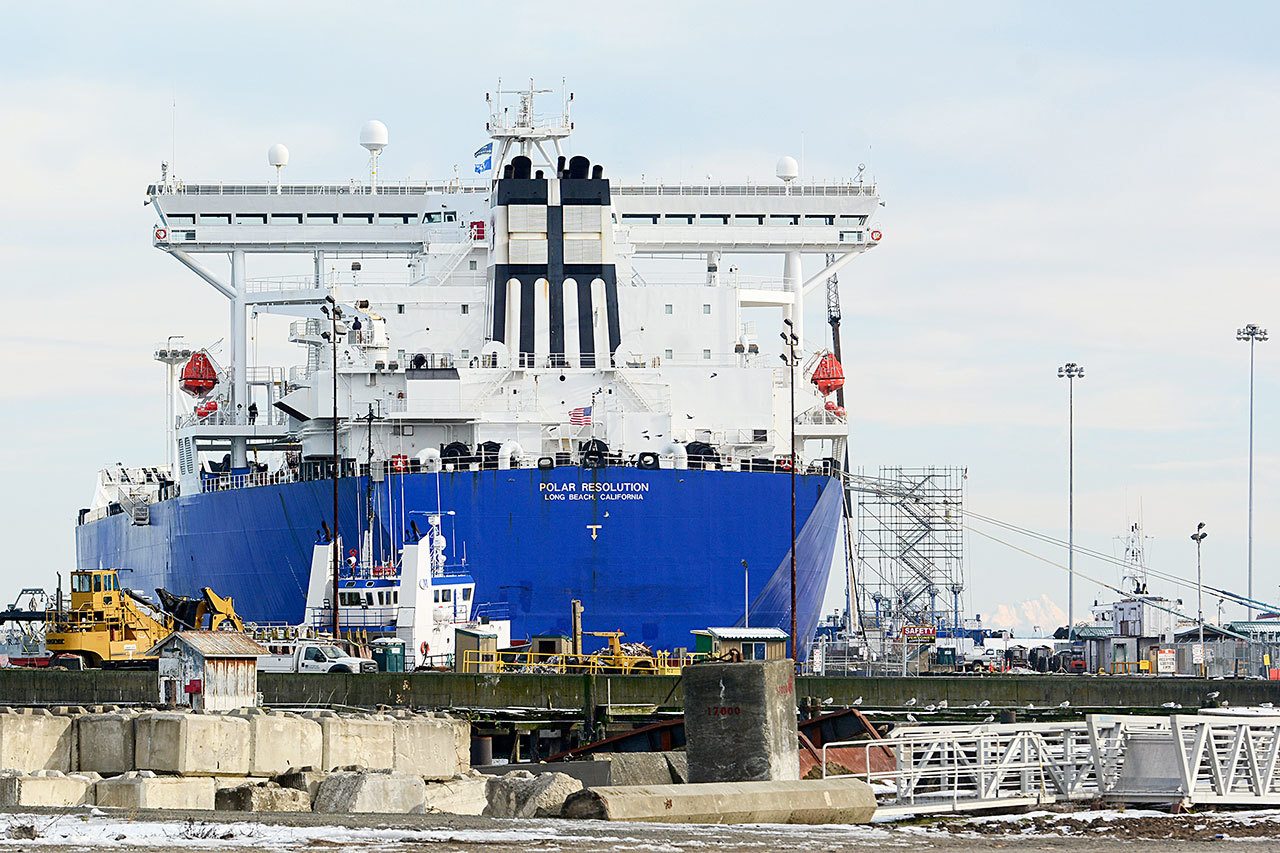 The Polar Resolution, an oil tanker from Long Beach, Calif., moors Thursday at the Port of Port Angeles-owned Terminal 1, where $4.9 million in improvements were recently completed. (Jesse Major/Peninsula Daily News)