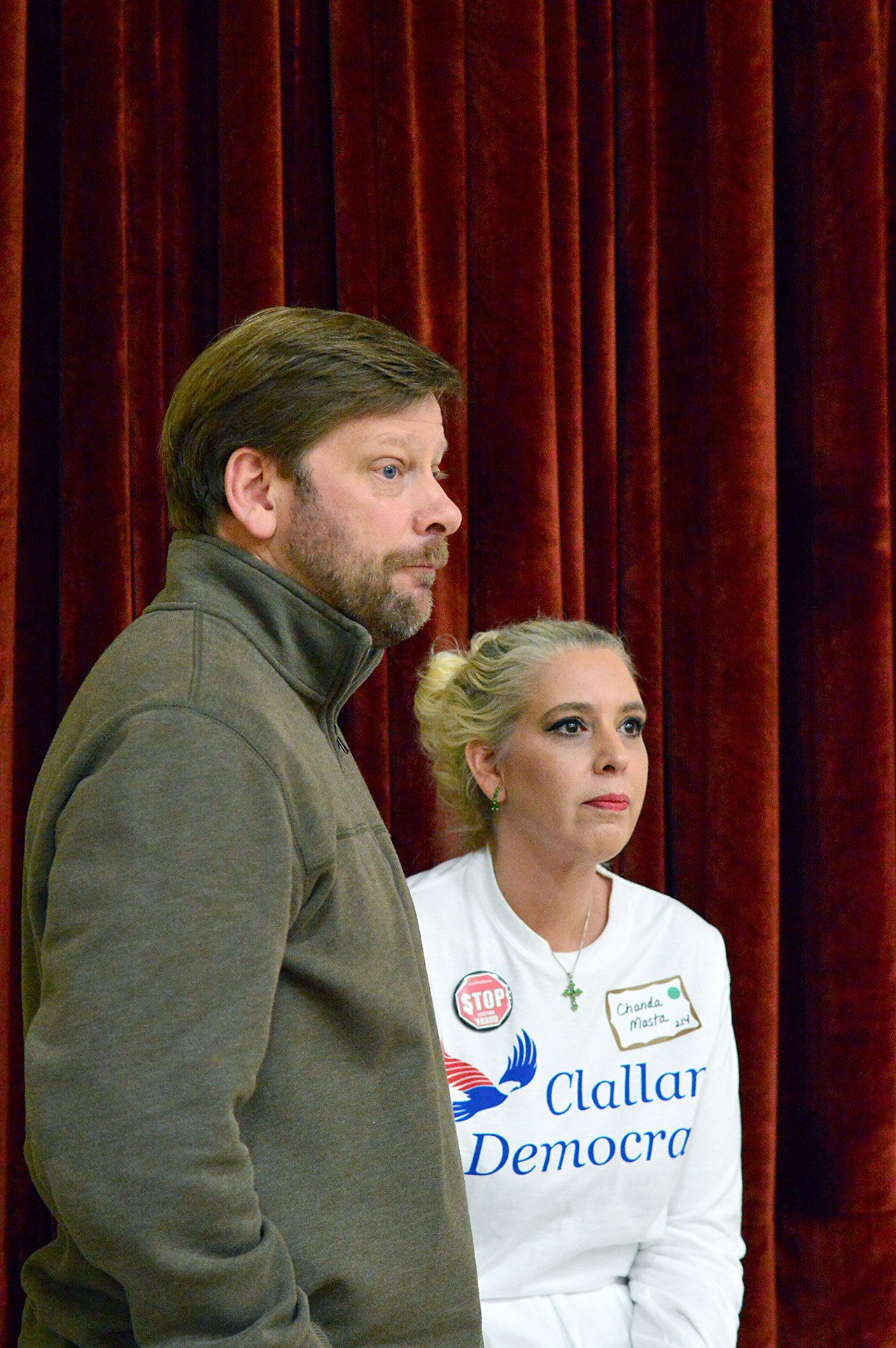 State Rep.-elect Mike Chapman and Clallam County Progressives member Chanda Mast advocated party unity at the Clallam County Democrats’ reorganization meeting at Jefferson School in Port Angeles on Dec. 3. (Diane Urbani de la Paz/For Peninsula Daily News)