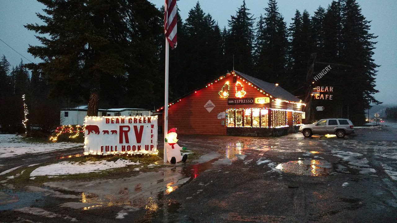 The Hungry Bear Cafe is a cheerful sight on the dark drive to Forks. (Zorina Barker/for Peninsula Daily News)