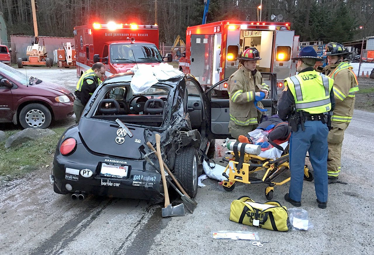 Two people suffered injuries and state Highway 20 was closed in both directions for nearly two hours after a five-vehicle accident Saturday morning. (East Jefferson Fire-Rescue)