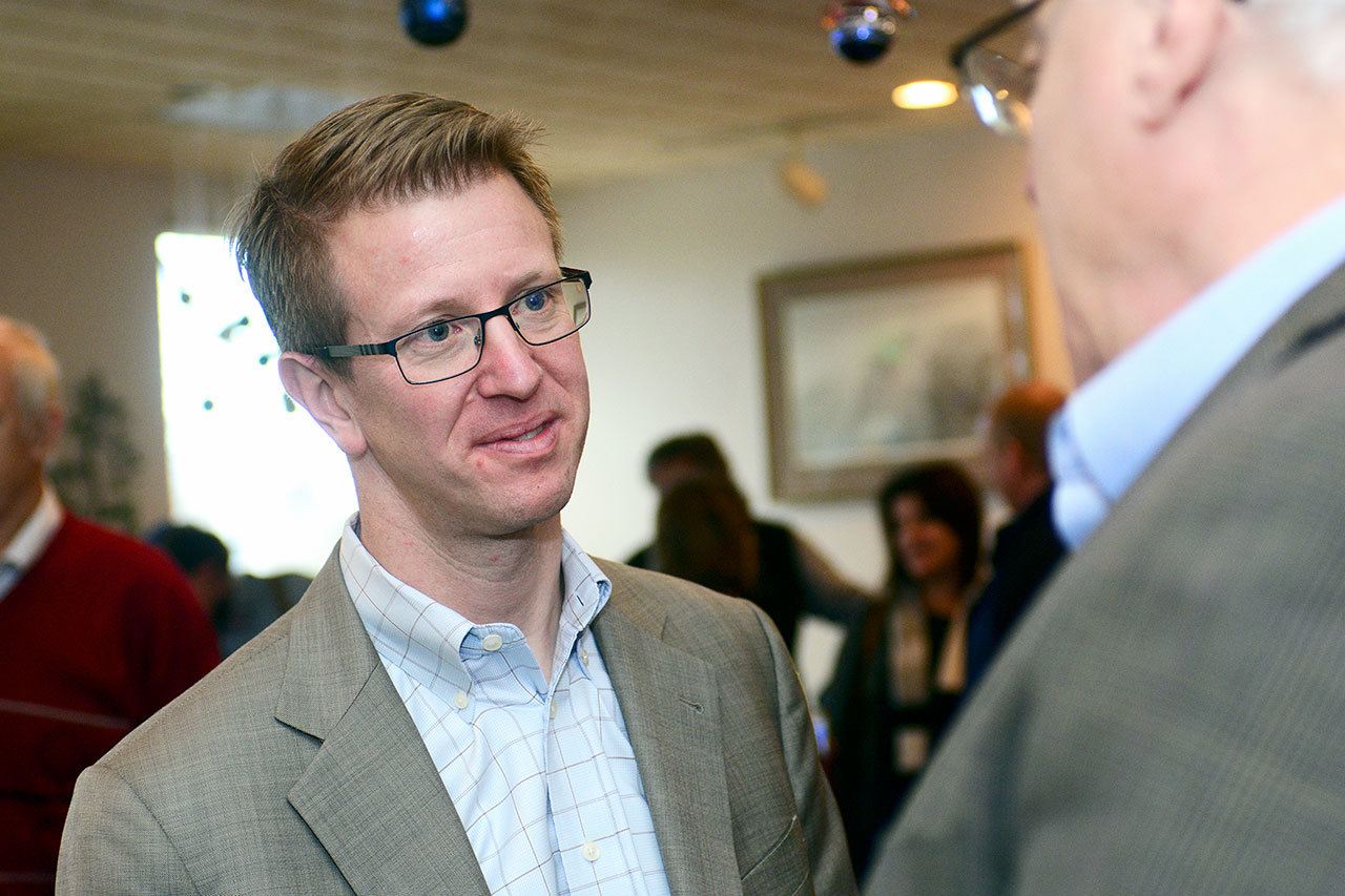 U.S. Rep. Derek Kilmer told more than 50 people during a Port Angeles Business Association Meeting on Tuesday he’ll focus on bipartisan issues in the coming year, such as an anticipated infrastructure push as the new administration takes office in January. (Jesse Major/Peninsula Daily News)