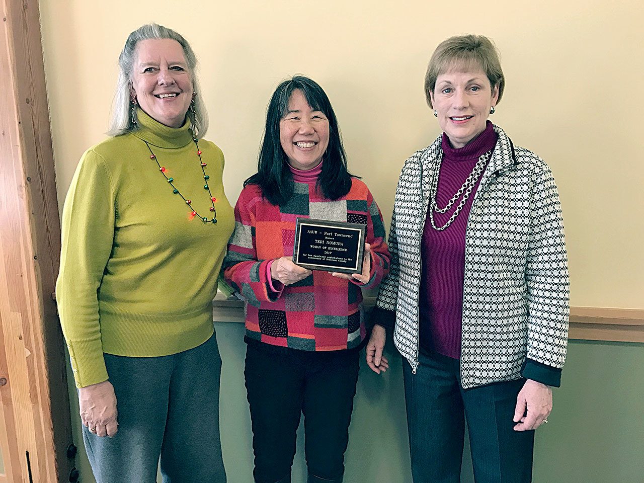 Teri Nomura, center, recipient of American Association of University Women of Port Townsend’s Woman of Excellence award, poses with AAUW PT co-presidents Jean Stastny, left, and Lynn Meyer, right. (AAUW PT)