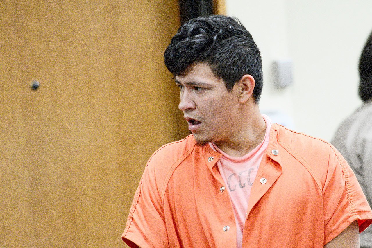Bruno Castro, 25, charged with arson, appears in Clallam County Superior Court on Thursday. (Jesse Major/Peninsula Daily News)