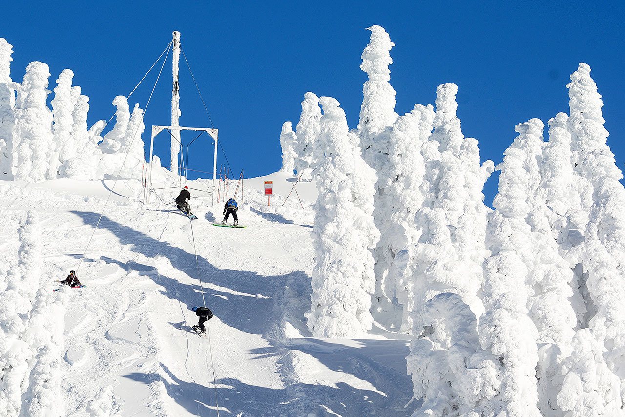 Snowboarders use a rope tow at Hurricane Ridge earlier this month. (Jesse Major/Peninsula Daily News)
