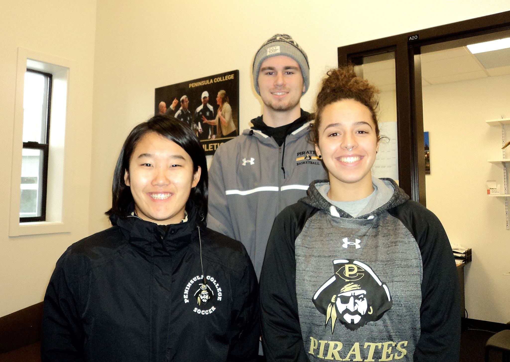 Pierre LaBossiere/Peninsula Daily News                                From left, Akari Hoshino, Trent Warren and Sephora Yayouss came from Japan, Australia and Belgium, respectively, to play sports at Peninsula College.