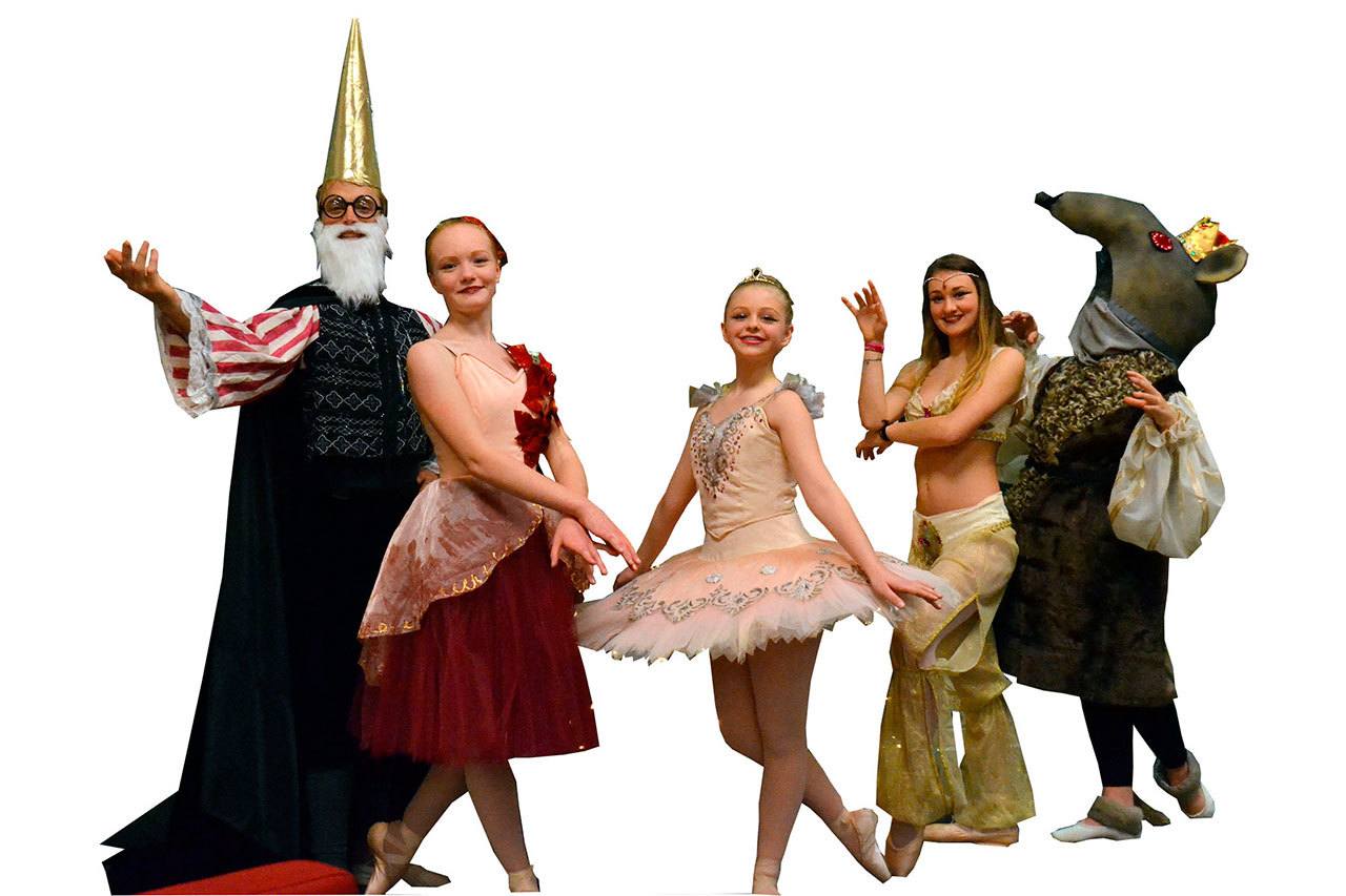 Principal actors in Sequim Ballet’s “The Nutcracker” featured, from left, are Brohm Dason, Eleanor Byrne, 13, Kate D’Amico, 13, Amara Sayer, 13, and Saige Turner, 15. The show runs Dec. 16-18 at Olympic Theatre Arts. (Matthew Nash/Olympic Peninsula News Group)