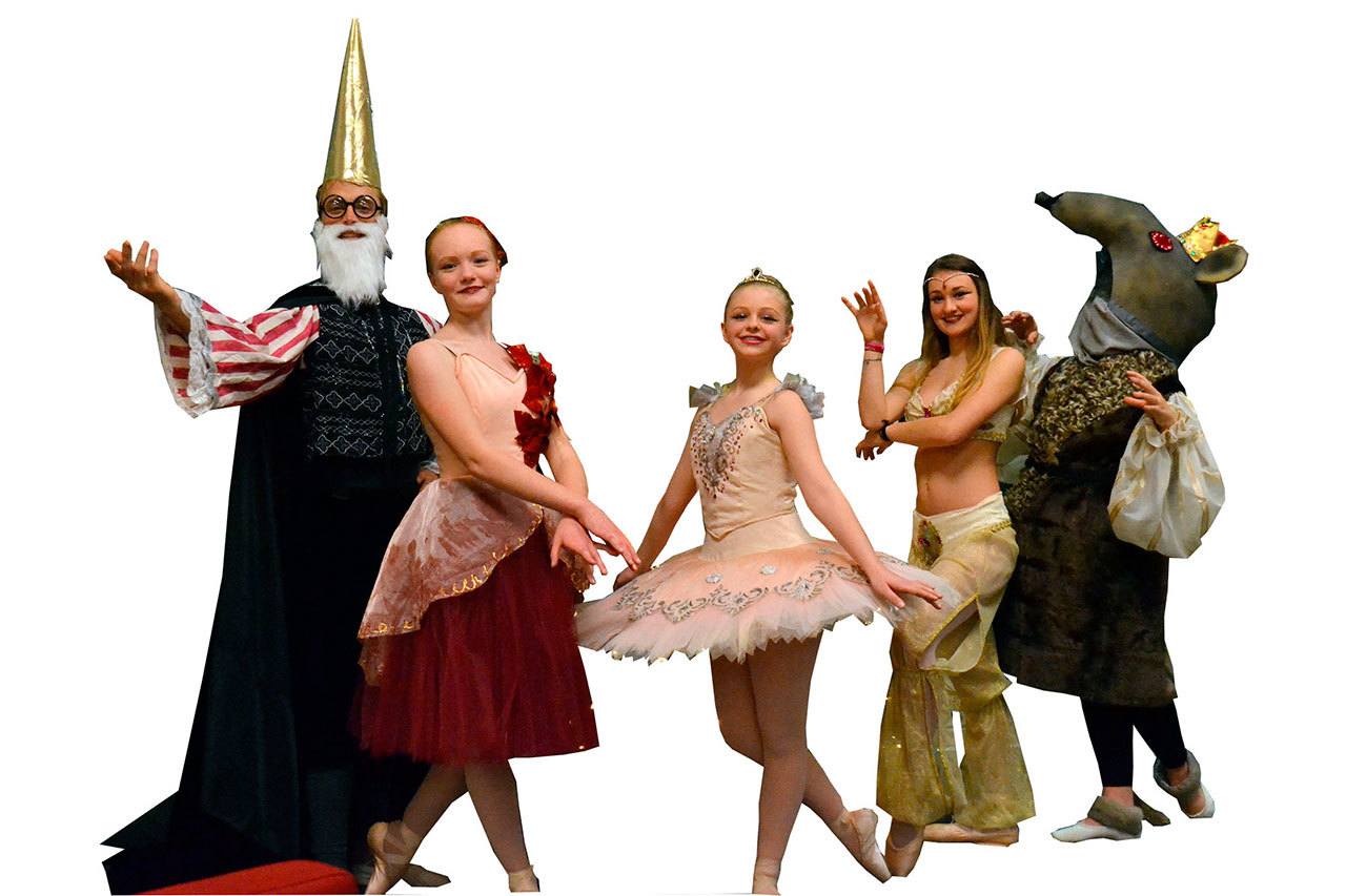 Principal actors in Sequim Ballet&rsquo;s &ldquo;The Nutcracker&rdquo; featured, from left, are Brohm Dason, Eleanor Byrne, 13, Kate D&rsquo;Amico, 13, Amara Sayer, 13, and Saige Turner, 15. The show runs Dec. 16-18 at Olympic Theatre Arts. (Matthew Nash/Olympic Peninsula News Group)
